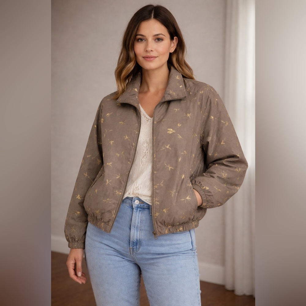 Vintage 100% Silk Taupe Bomber Jacket with Gold Foil Accents